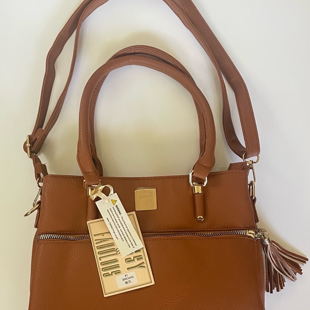 Satchel Handbag Brown Vegan Faux Leather Purse Elegant Multiple Compartment